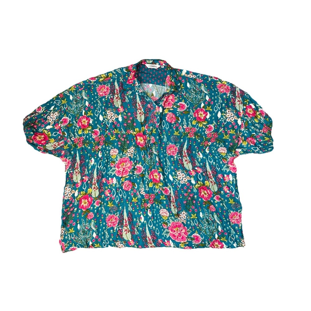 BIBA Women XXL Floral Colorful Peony Blouse Boxy Boho Hippie Tie Waist Tunic Top